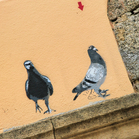 PROPRIANO, FRANCE - September12, 2013  Pigeons  Graffiti  painted  in Propriano, Corsica, France のeditorial素材