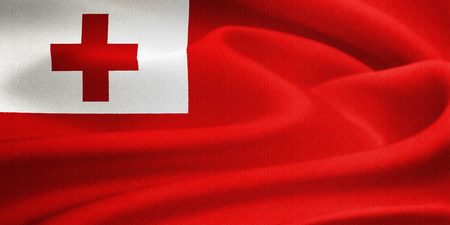 flag of Tonga waving in the wind. Silk texture patternの写真素材