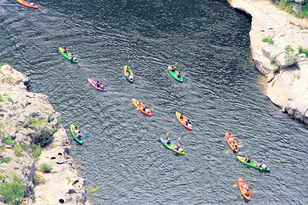 kayaks in Ardeche Gorge (Canion), river of Ardeche, south of Franceの写真素材