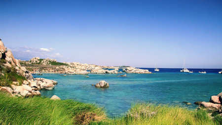 View of Uninhabited  Lavezzi island with stone formations near Bonifacio, Corsica, Franceのeditorial素材