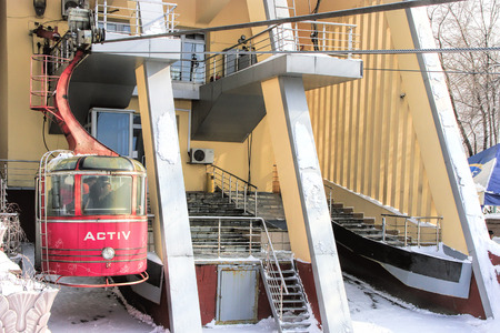 ALMATY, KAZAKHSTAN - MARCH 10, 2014: funicular with tourists in  Kok-Tube mount, Almaty, Kazakhstanのeditorial素材