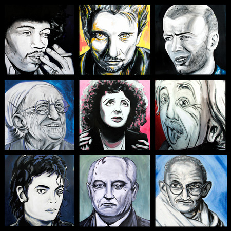 SETE, FRANCE  - SEPTEMBER 21, 2014: Graffiti collage of Famous People of the 20th Century on the wall of Sete, south of France.のeditorial素材