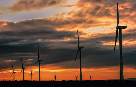 Wind Park near Villeveyrac, south of France on sundown