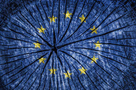 flag of  the European Union on cracked wooden textureの写真素材