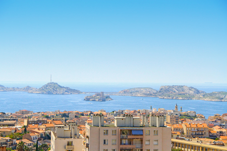 View of Marseille at Friuli archipelago from the Basilica of Our Lady of the Guard in Marseilles, Franceの写真素材