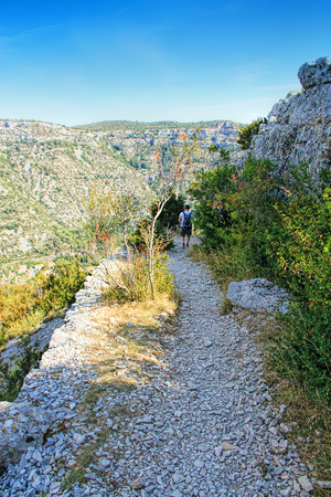 Treck at the Circus of Navacelles in Cevennes National park. Gard, Herault, France: UNESCO world heritage site.の写真素材