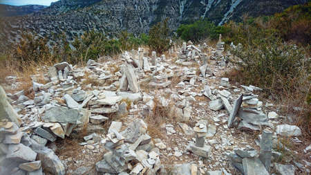 tourist marks in Circus of Navacelles (Cirque de Navacelles) in Cevennes National park. Gard, Herault, France: UNESCO world heritage site.のeditorial素材