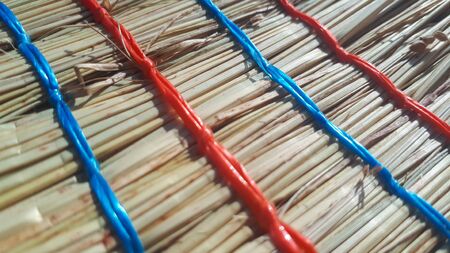 The broom wattle with blue and red rope. Closeup view background.