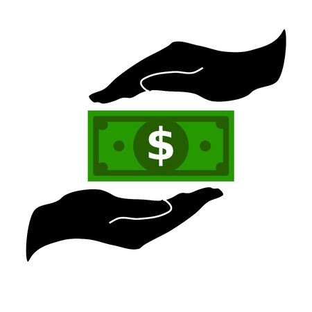Up and Down shelter hand with us currency green banknote paper in the middle.  icon in open human hand.のイラスト素材