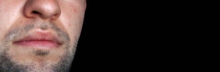 Closeup profile photo of macho model guy perfect neat hairstyle looking empty space focused salon...