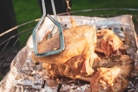 Weekend activity. Grill party background. Grilled food in outside garden.の写真素材