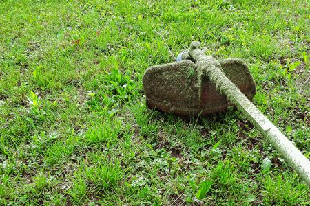 Hand lawn mower on green grass