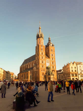 Krakow, Poland - February 17, 2019: A lot of people tourists at the Market Square in Krakow. Main Market Square.のeditorial素材