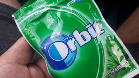 Krakow, Poland - June 16, 2020: Wrigley`s Orbit chewing gum in green pack.