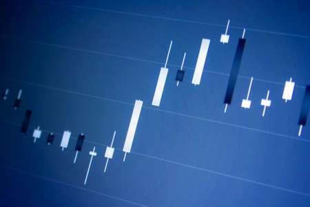 Blue stock chart. Stock market financial growth chart on computer screen. Trading currency. Photo for financial background.の写真素材
