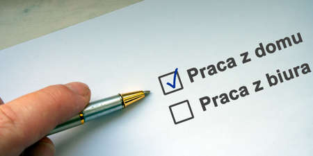 Hand choose Polish word Praca from home and praca from office. English work from home and work from...