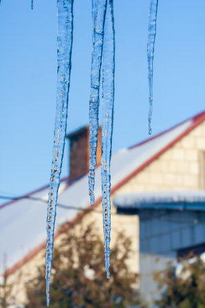 Closeup icicles background. Icicles hanging down from a roof. Cold winter weather, winter season conceptの写真素材