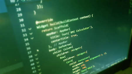 Screen of flutter application developing code. Lines of code on computer screen abstract