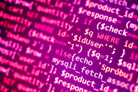PHP development, software site code. Data encryption security code on a computer display. Programmer...