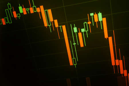 Red chart on monitor screen as crisis concept. Bankruptcy grapch after conoravirus pandemic. Bad...