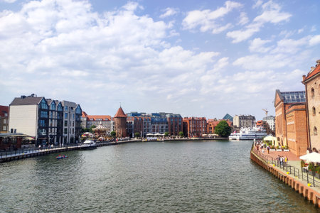 Gdansk Poland, July 19, 2022: View of old town Gdansk. Beautiful morning on the Motlava River. Gdansk view, travel destination in Polandのeditorial素材