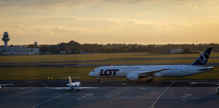 Warsaw, Frederic Chopin International Airport, Poland, October 2, 2022: Plane line PLL LOT at the...