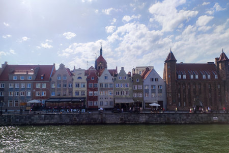 Gdansk Poland, July 19, 2022: View of old town Gdansk. Beautiful morning on the Motlava River. Gdansk view, travel destination in Polandのeditorial素材