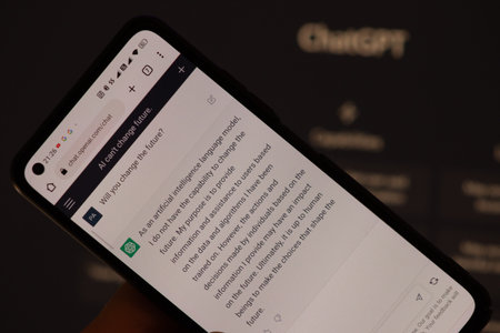 Warsaw Poland - February 24, 2023: AI chat bot answer the question about future. ChatGPT artificial intelligence chatbot developed by OpenAI.のeditorial素材