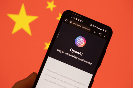 Warsaw Poland - February 24, 2023: OpenAI something went wrong on smartphone screen and CHina flag in backgroundのeditorial素材