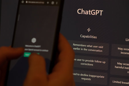 Warsaw Poland - February 24, 2023: ChatGPT login screen seen on smartphone screen. Open AI chat botのeditorial素材