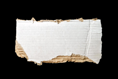 A torn piece of cardboard showing its texture and structure against a black background. This image can be used for visual design recycling concepts or creative projects.の写真素材