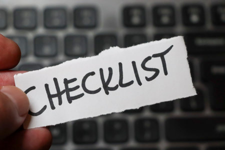 A hand holding a torn paper with the word CHECKLIST written in bold placed on a blurred background of a keyboard symbolizing organization and task management.の写真素材