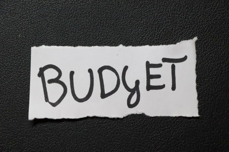 A torn piece of paper displaying the word BUDGET on a textured black background. This image symbolizes financial planning and expense management promoting a mindful approach to personal finances.の写真素材