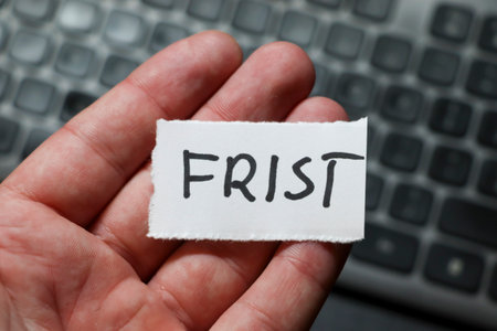 Close-up of a hand holding a paper note with the misspelled word FRIST against a blurred background...
