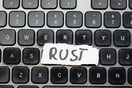 A close-up view of a computer keyboard featuring the handwritten word RUST on a white paper strip symbolizing decay aging and deterioration in technology.の写真素材