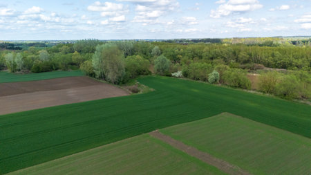 Aerial view of lush green fields interspersed with trees and agricultural land under a cloudy sky....