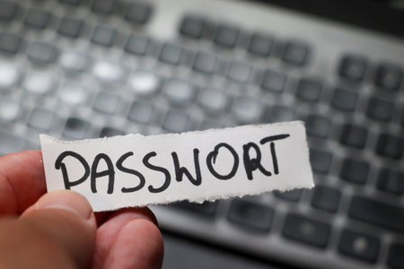 Hand holding a paper with the word PASSWORD in front of a computer keyboard emphasizing the importance of digital security and password management in modern society.の写真素材