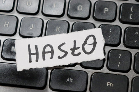 A close-up of a computer keyboard with a handwritten note placed on top. This image represents communication technology and modern work environments.の写真素材