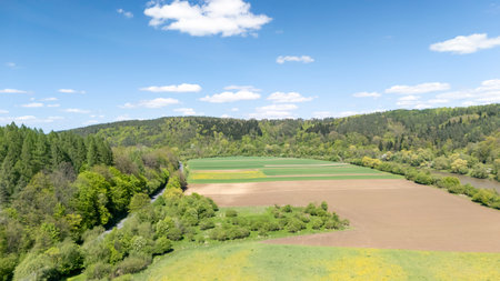 Aerial view of a lush green landscape featuring fields and forests under a clear blue sky. This vibrant countryside scene showcases agricultural land and natural beauty.の写真素材
