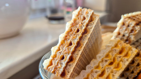 Close-up view of stacked crispy wafers with a rich filling placed on a surface. Perfect for...