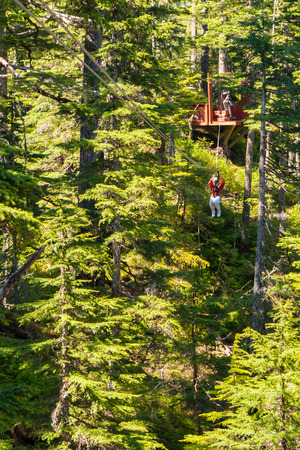 Person on zip-line facing forwardの写真素材