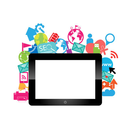 Template design digital tablet idea with social network icons backgroundのイラスト素材
