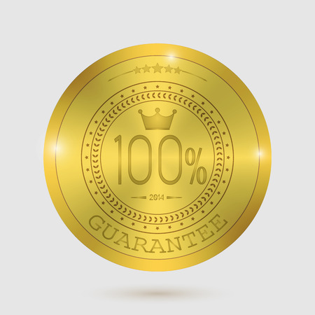 Guarantee of blank round polished gold metal badges on white background.のイラスト素材