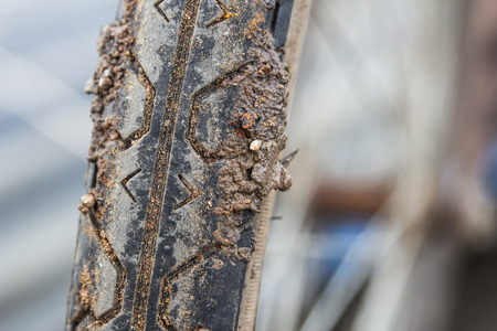 Muddy tire of a mountain bicycleの写真素材