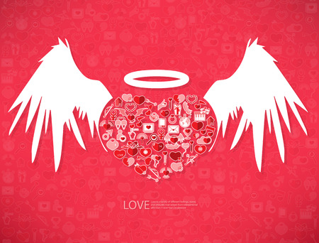 Red icon heart angel valentines day card with sign on Icon love backgroundのイラスト素材