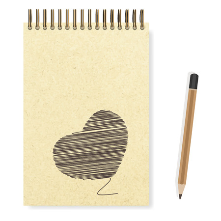 Heart hand painted blank realistic spiral notepad notebook and pencil vectorのイラスト素材