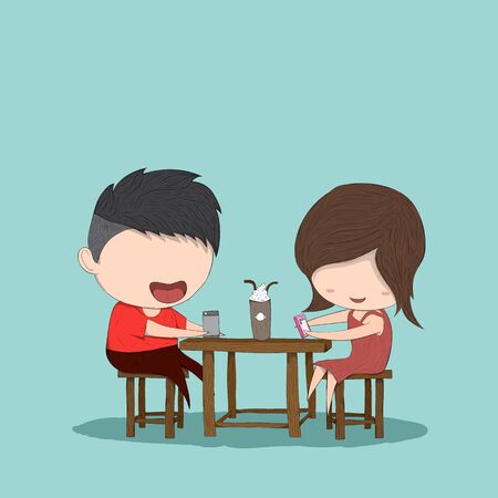 Male and girl teens playing with phone at coffee shop, drawing by hand vectorのイラスト素材