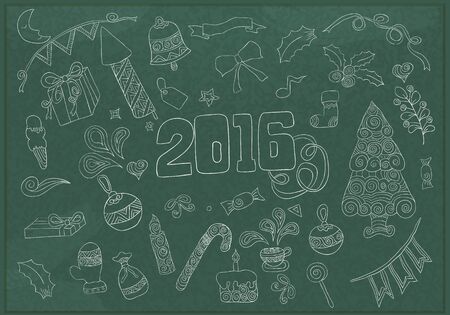2016 year hand lettering and doodles elements blackboard drawing. Vector illustrationのイラスト素材