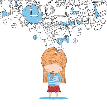 Girl teens playing with phone social network hand lettering and doodles elements background. design thinking idea with social network icons background. Vector illustrationのイラスト素材