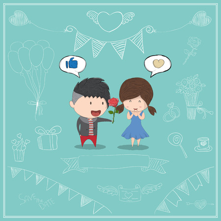Cute cartoon boy give rose girl card, cute Valentine's Day card, drawing by digital illustration created without reference image.のイラスト素材